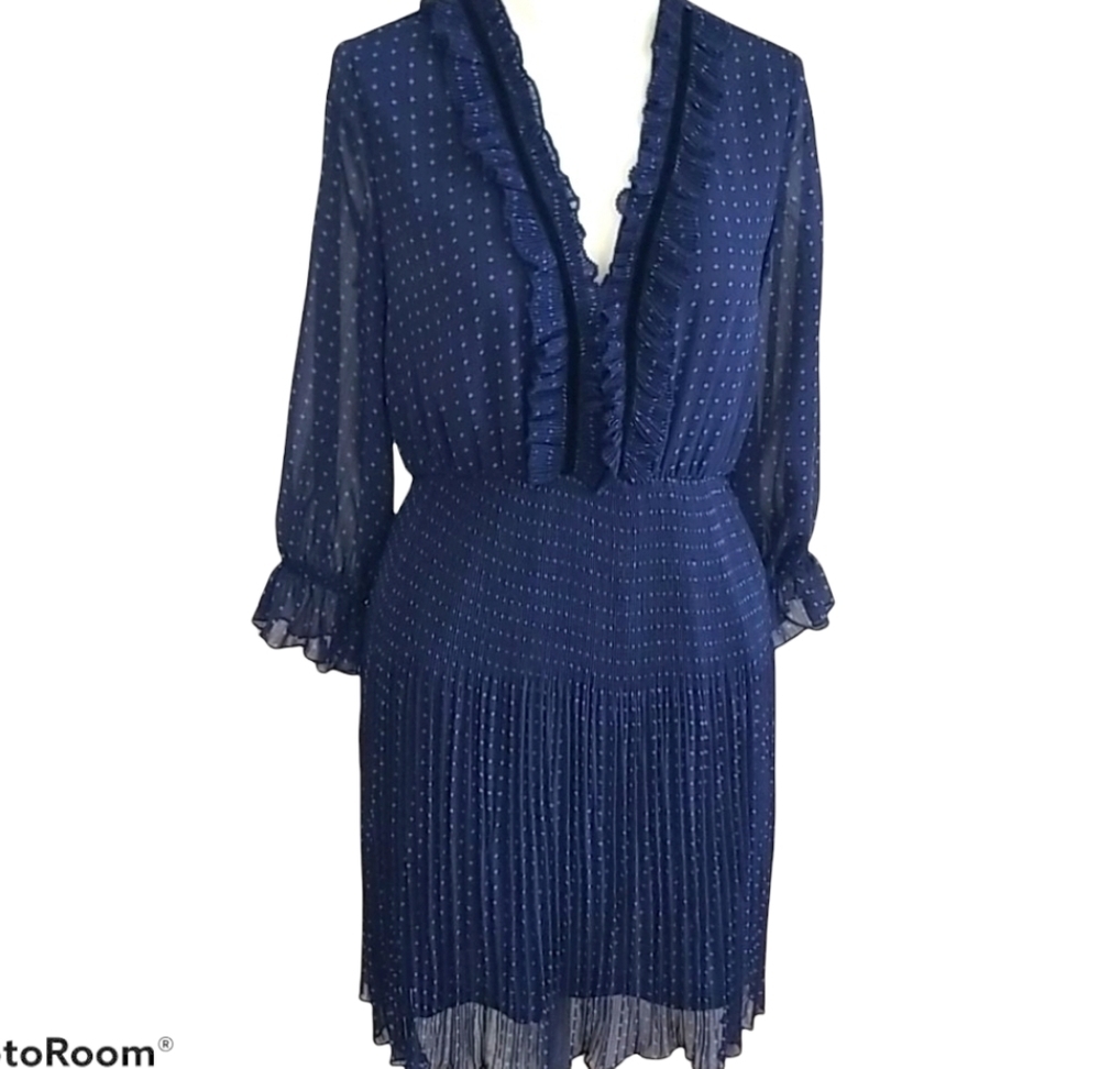 Zara Basic Navy Blue Pleated Polka Dot Dress, Size S